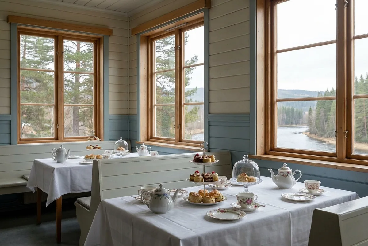 The dining salon at Børjo Hotels with the griddle warm in the corner and long windows over the river.