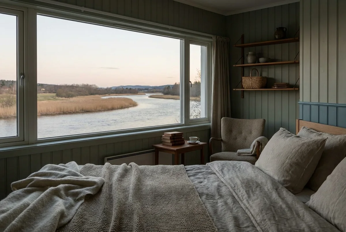 A corner room in the Lusekofte Suite with long windows framing the reed banks and undyed wool throws on a reading chair.
