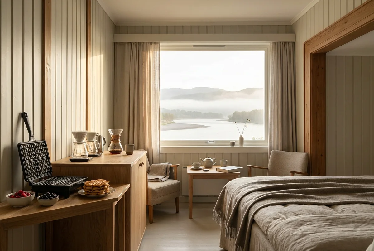 The Nordland Panel Salon in linen light with the griddle warm in the corner.