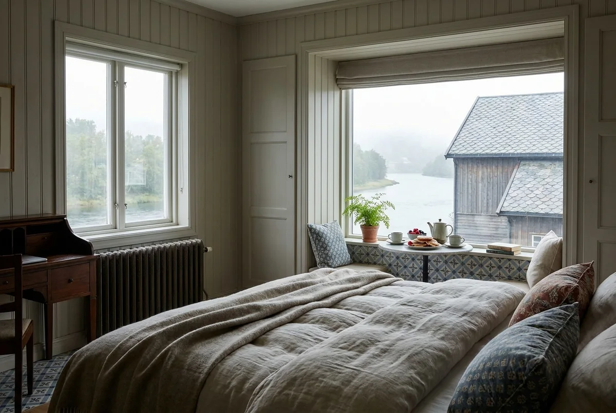 The Selburose Suite with deep sills, a writing desk and patterned 1930s tilework carried up from the hall.