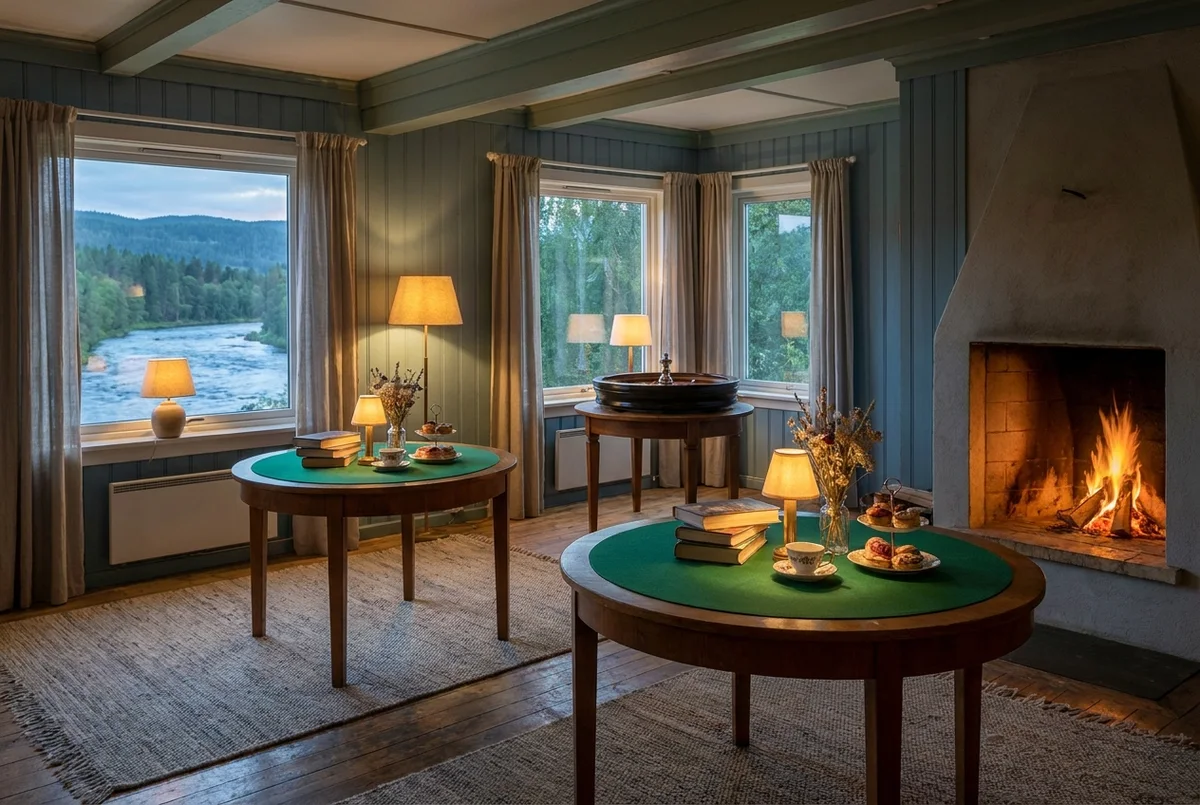 The Fana Snug, a small firelit panelled room with a few quiet tables and the river beyond the glass.